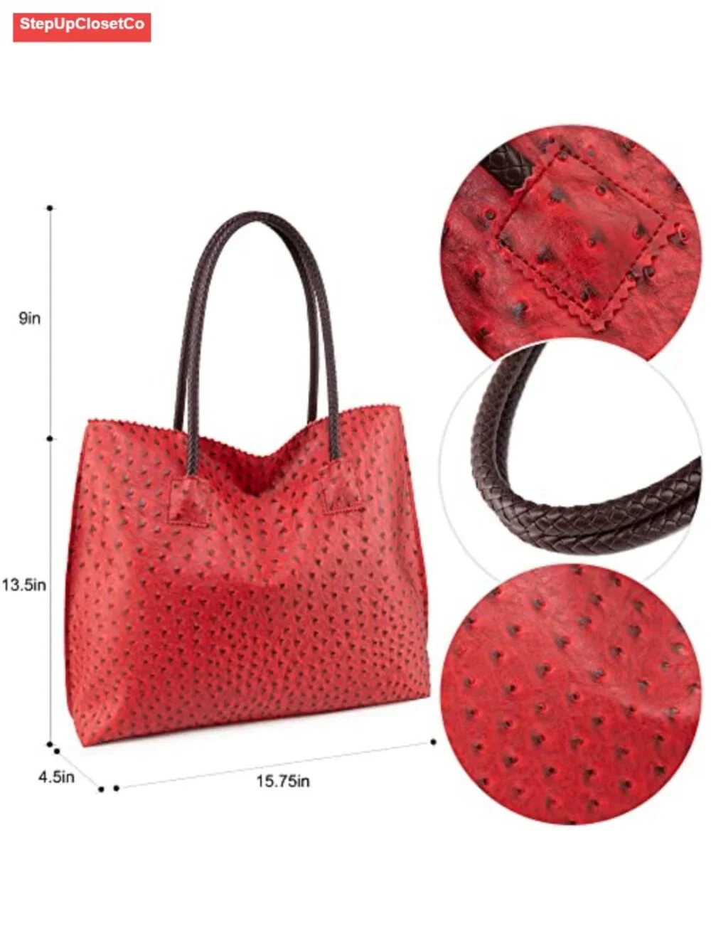 Large Ostrich Vegan Leather Tote Bag with Zipper Shoulder Purse for Women